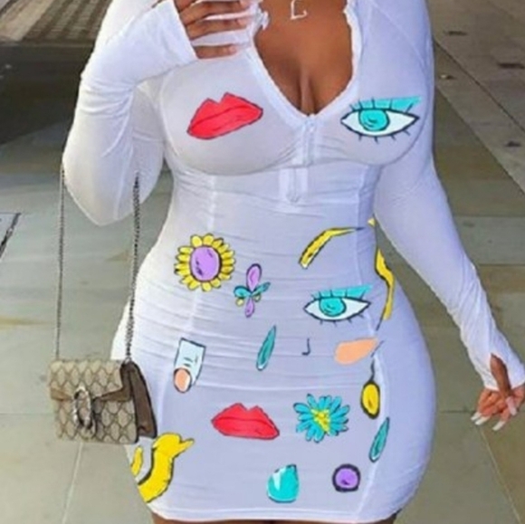 Women's White Sunflower, Lips, and Eye Long Sleeved Bodycon Dress. Size XL. - Picture 2 of 3